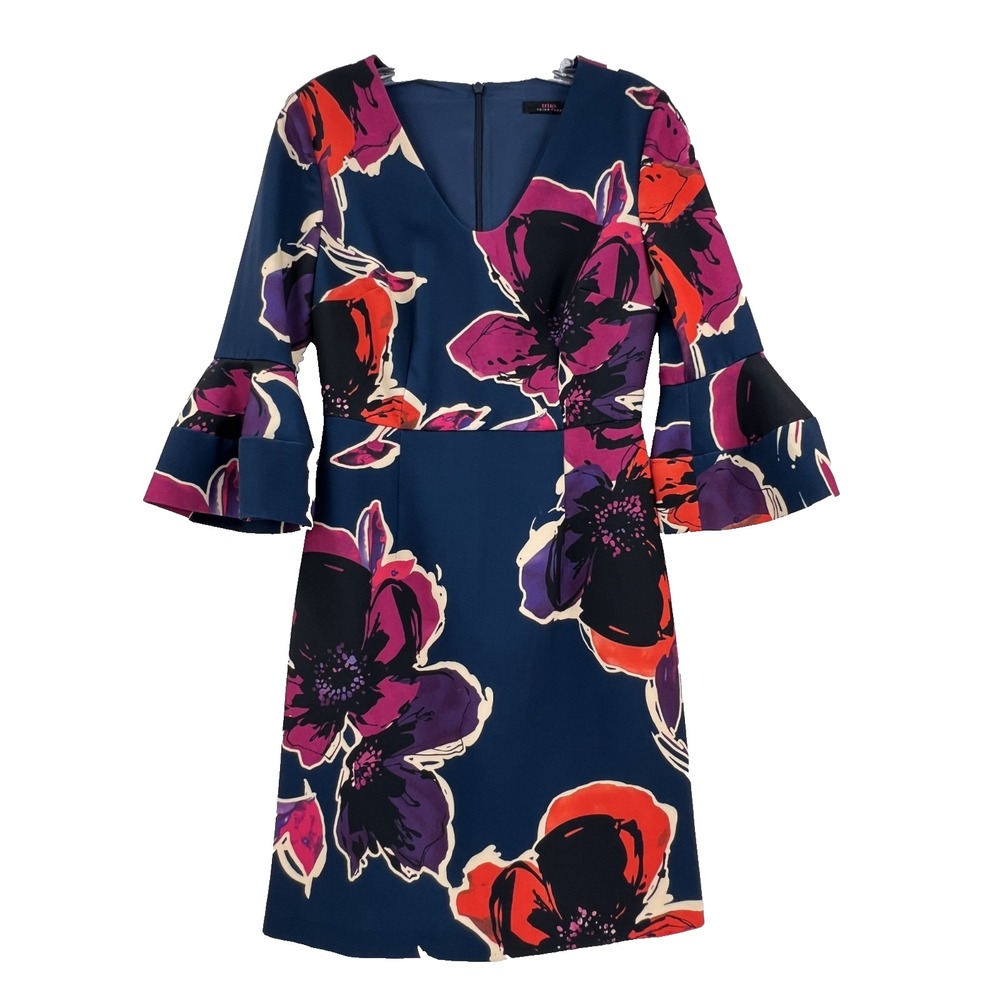 TRINA TURK Women's 2* Mamie Indigo Blue Floral V-Neck Bell-Sleeve Sheath Dress